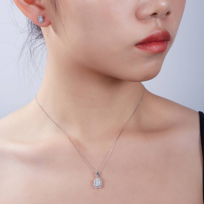 Affordable Luxury长方形S925银镀白金MoissanitePendantStud Earring套装